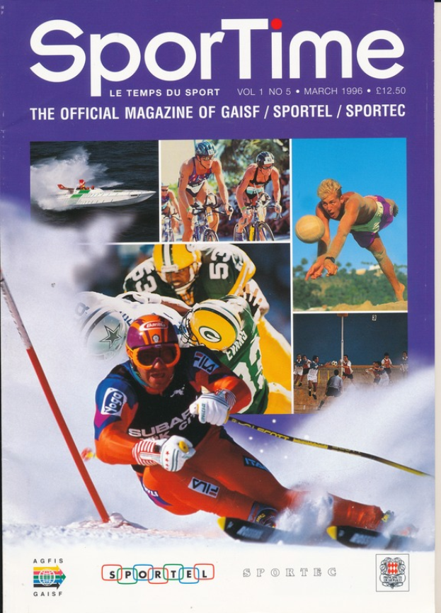 Magazin-Titelbild "Sporttime Magazine - März 1996" mit Bildern von Skifahrern und Snowboardern sowie Text und Logos.