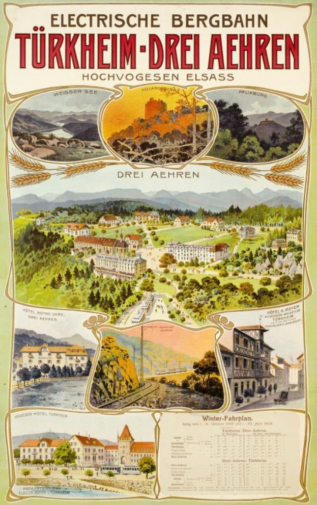 Plakat wirbt für Bergbahn, Deutschland, zeigt Gebäude, Bäume, Hügel und beschreibenden Text über die Stadt.