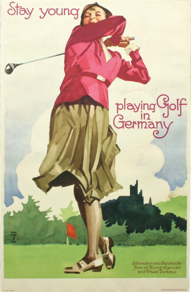 Ein Plakat einer Frau, die einen Golfschläger hält, mit einer Fahne und Bäumen im Hintergrund, das Text über einen Golfplatz in Deutschland enthält.
