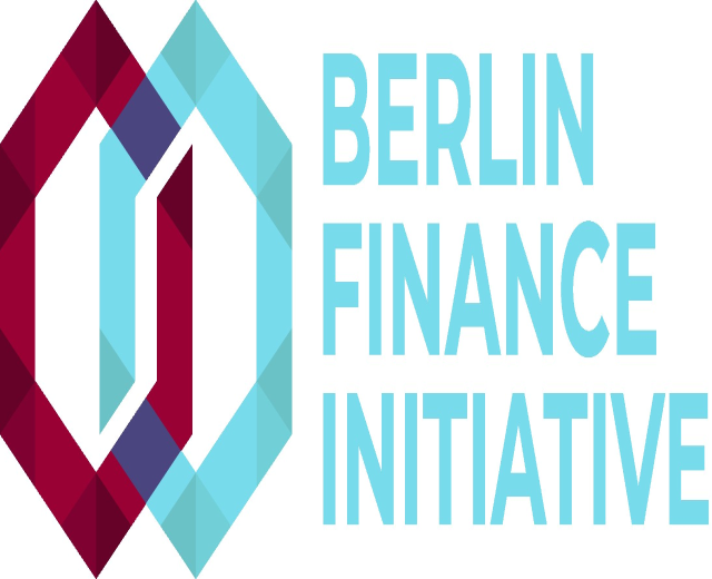 Logo der Berliner Finanzinitiative: blauer Kreis mit weißer Umrandung und "B" in der Mitte, umgeben von einem weißen Ring mit blau-weißem Karomuster, alles auf einem weißen Hintergrund mit fetter schwarzer Schrift, die "Berlin Finance Initiative" liest.