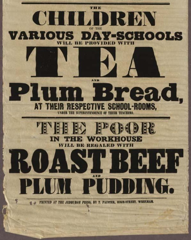 Ein Blatt mit dem Text "Die Kinder der verschiedenen Ganztagsschulen werden mit Tee, Pflaumenbrot und Rindfleisch und Pflaumenpudding versorgt."