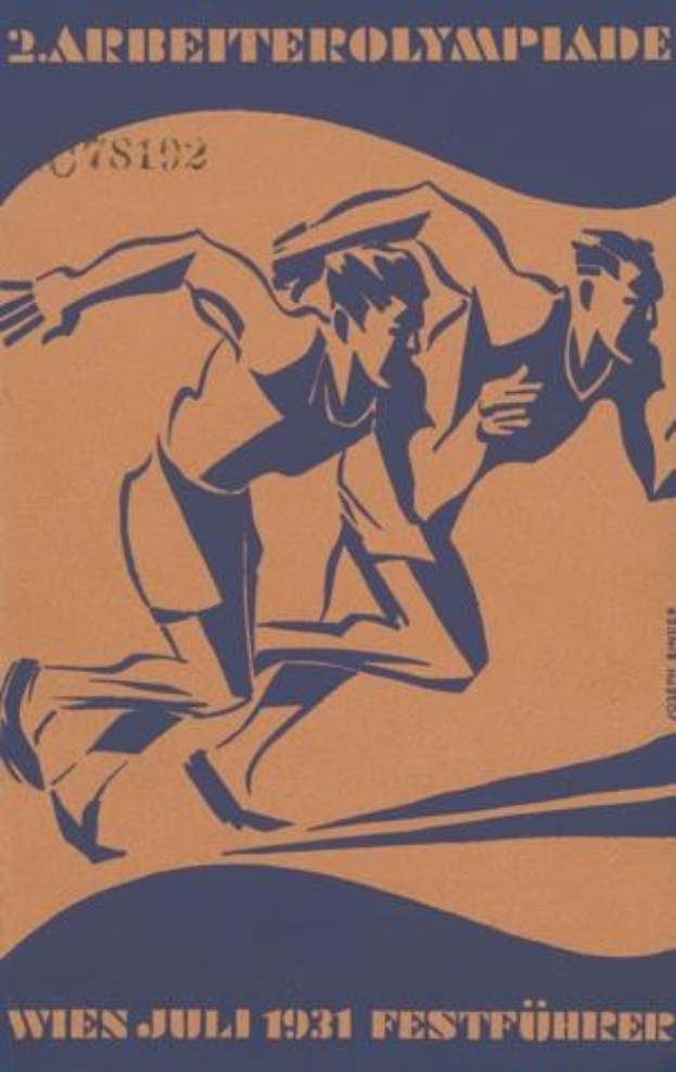 Plakat für die Olympischen Spiele 1932 in Berlin, das zwei Läufer im Vordergrund zeigt, mit Text, der eventuelle Details enthält.