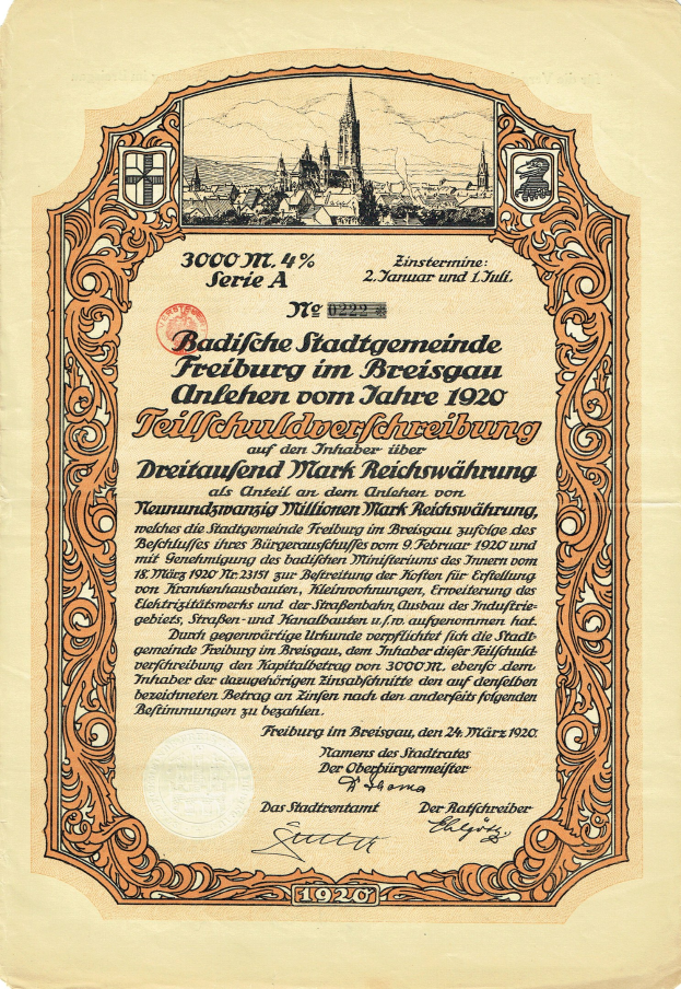 Altes deutsches Wertpapier mit einer Stadtansicht und bedrucktem Text, der wahrscheinlich den Ursprung des Wertpapiers beschreibt.