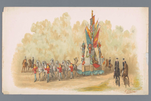 Ein Bild eines Karnevalsumzugs mit Menschen in bunten Kostümen auf Pferden vor einem geschmückten Wagen.