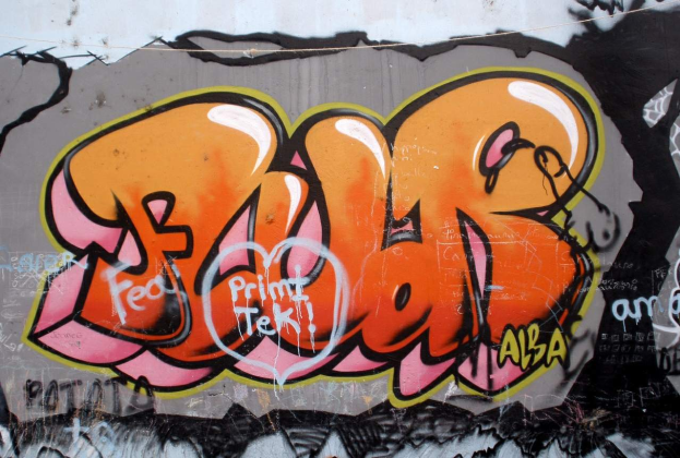 Ein buntes Graffiti an einer Wand mit der Aufschrift "album - graffitis dept 93 tom 006", das verschiedene Formen und leuchtende Farben zeigt.