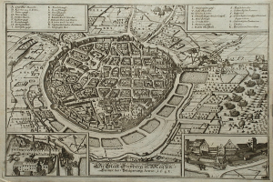 Eine schwarz-weiße Karte von Berlin, Deutschland, die Gebäude, Bäume und Text zeigt.