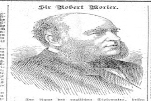 Ein Schwarz-Weiß-Zeichnung eines bärtigen Mannes, der mutmaßlich Robert Morier ist, der auf einem Papier mit Text steht, der wahrscheinlich seine Leistungen und Beiträge zur Deutschen Revolution beschreibt.