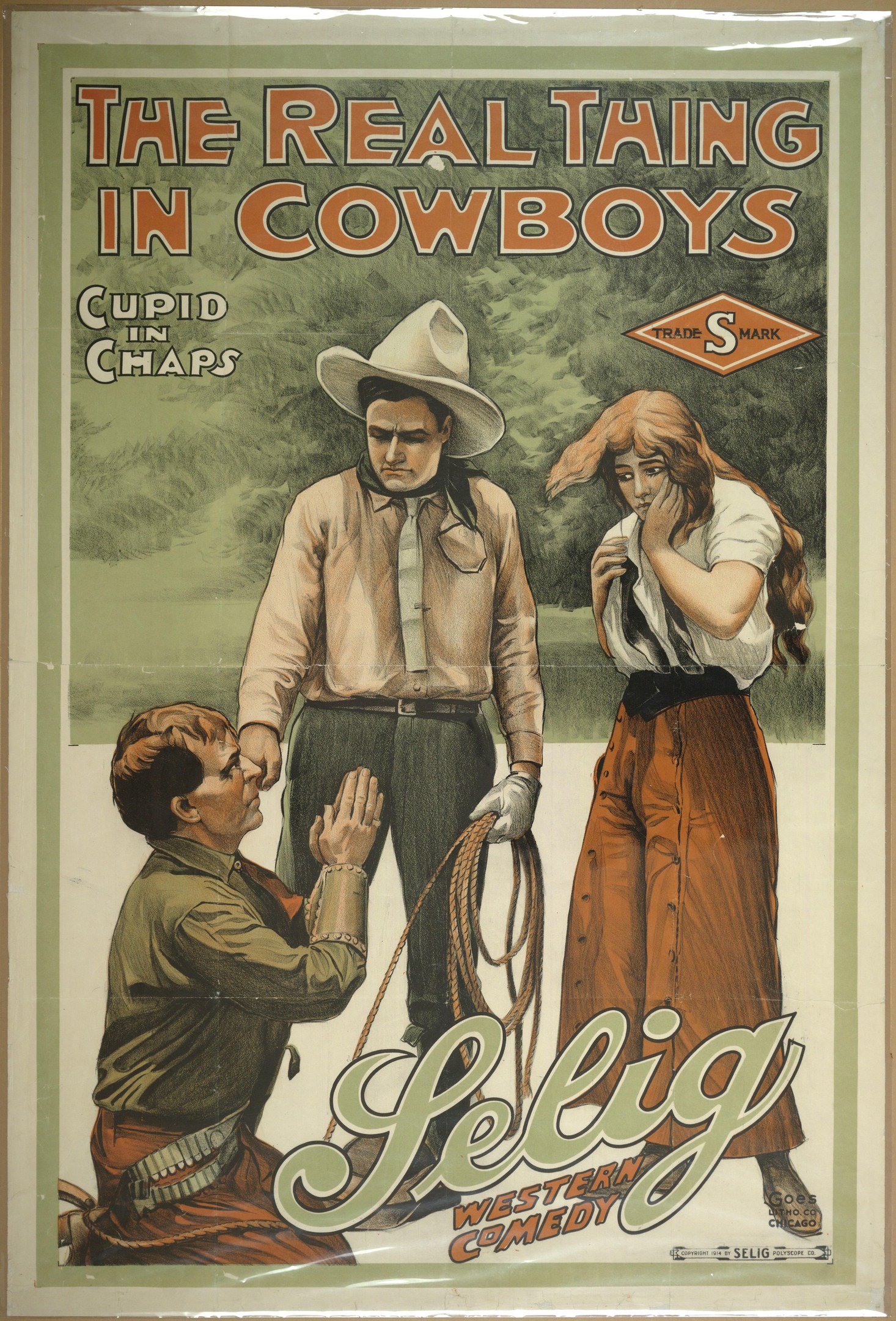 Plakat an einer Wand mit drei Personen, zwei Männer mit Cowboyhüten und eine Frau in einem langen Kleid, mit der Aufschrift "Das echte Ding bei Cowboys" in fetter schwarzer Schrift auf einem hellgelben Hintergrund.