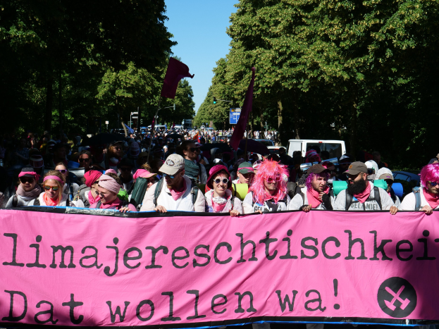 Eine Gruppe von Menschen marschiert auf einer Straße und hölt eine rosa Banner mit der Aufschrift 'Women's March in Berlin', wobei einige Mötze und Schutzbrillen tragen und andere Fahnen halten, vor einem Hintergrund aus Bäumen, Fahrzeugen und Himmel.
