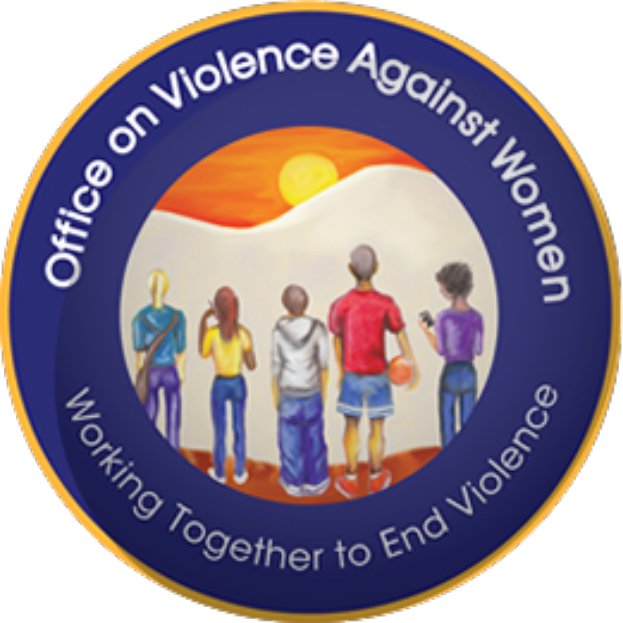 Ein Logo mit dem Text "Office on Violence Against Women" in fetter schwarzer Schrift, das eine vielfältige Gruppe von Menschen zeigt, die Arm in Arm in einem Kreis stehen, symbolisch für Einheit, mit einer hellgelben Sonne im Hintergrund.