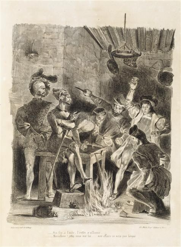 Schwarze und weiße Gravur, die eine Gruppe verzweifelter Menschen zeigt, die sich um ein Feuer scharen, wobei einige am Boden liegen und andere stehen, vor einer Wand; Text unten lautet "Der Tod des Königs von England."