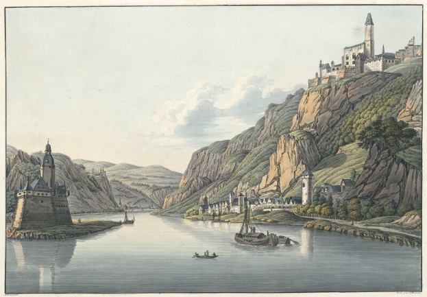 Gemälde eines Flusses mit Booten, umgeben von Hügeln, Bäumen, Gebäuden und Wolken, mit Text unten, der 'Schloss Karlsruhe in Deutschland' lautet