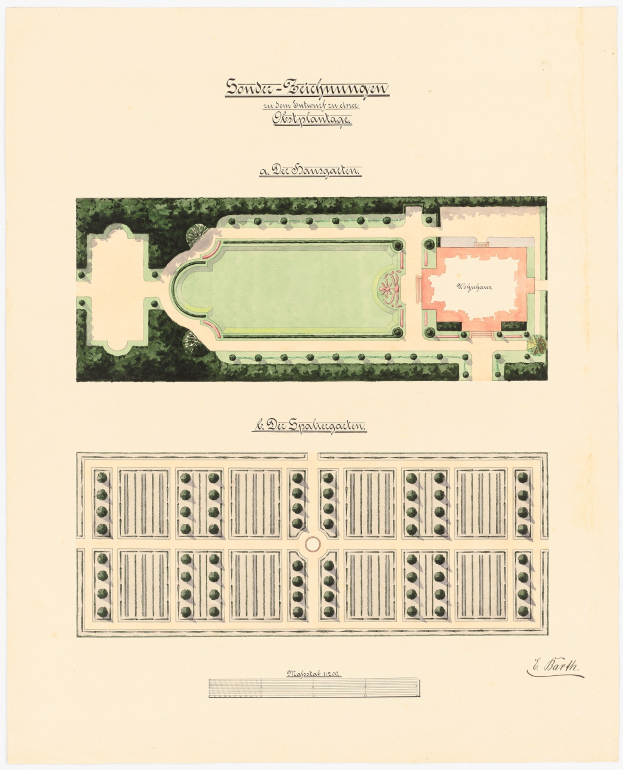 Gartenplan mit einem zentralen Swimmingpool, umgeben von grünem Gras und Bäumen, mit begleitendem Text.