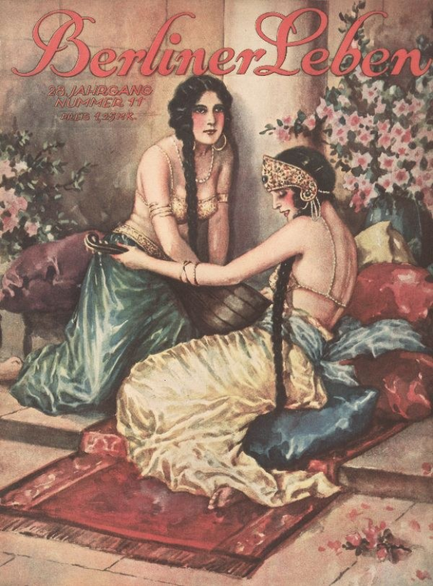 Plakat mit zwei Frauen auf einem Bett umgeben von Kissen und Pflanzen mit Blumen, oben mit 'Berliner Leben Magazin-Cover aus Oktober 1931' beschriftet.
