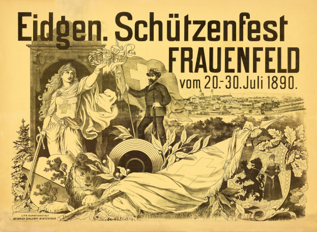 Plakat für das Eidgen Schützenfest in Frauenfeld, Deutschland, das einen Mann in einem Anzug und eine Frau in einem Kleid mit Veranstaltungstext zeigt.