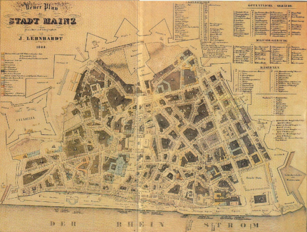 Alte detaillierte Karte der Stadt Mainz, Deutschland, die Straßen, Gebäude und Sehenswürdigkeiten auf altem Papier zeigt.