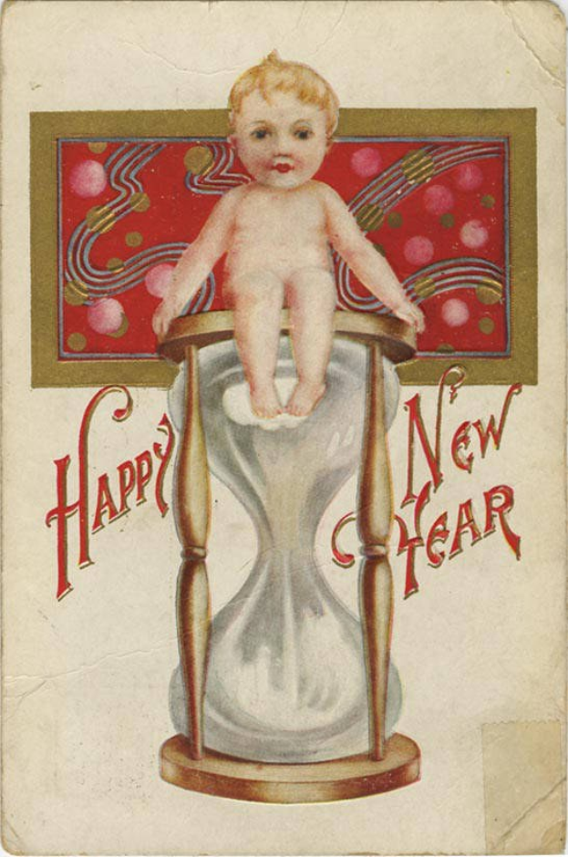 Altmodische Postkarte mit einem Baby auf einer Sanduhr sitzend und dem Text "Fröhliches neues Jahr", symbolisiert den Lauf der Zeit.