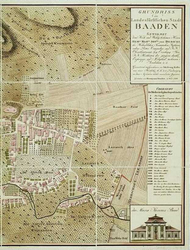 Alte detaillierte Karte von Baden-Württemberg, Deutschland, mit einem Gebäude im rechten unteren Eck, das Straßen, Gebäude und Sehenswürdigkeiten zeigt.