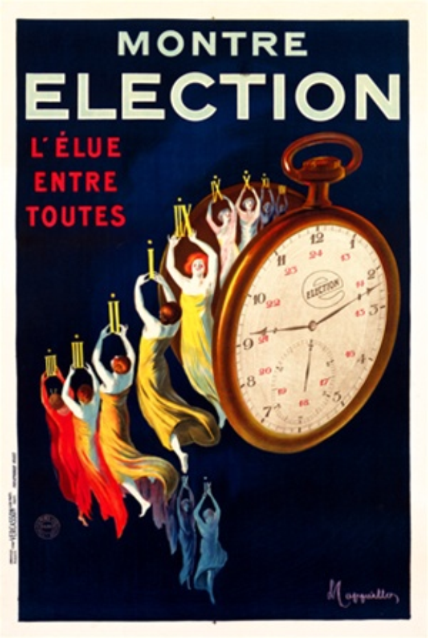 Ein altes französisches Wahlplakat mit einem gedämpften Farbschema aus Blautönen, Grautönen und Weiß, das eine Gruppe von Menschen in traditioneller Kleidung zeigt, die Gegenstände halten, eine tickende Uhr und den Text "Montre Election" in fetter schwarzer Schrift.