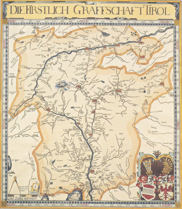 Ein detailliertes historisches Plakat der ersten Grafschaft Tirol mit einer Karte, die geographische Merkmale wie Flüsse, Berge und Städte zeigt, sowie begleitenden erläuternden Text.