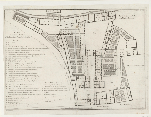 Detailierter Papierplan von Paris, der Straßen, Gebäude und Sehenswürdigkeiten zeigt.