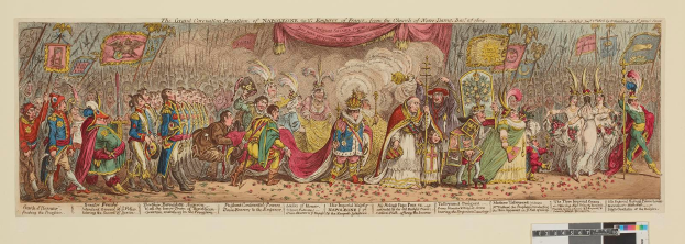 Eine Gruppe von Menschen in bunten Kostümen steht vor einer Bühne mit einem Vorhang, die den Großen Karneval von Napoleon, dem Kaiser von Frankreich, aus der Kirche Saint-Denis, Dezember 1785, feiern, wobei einige Fahnen und Dekorationen halten.