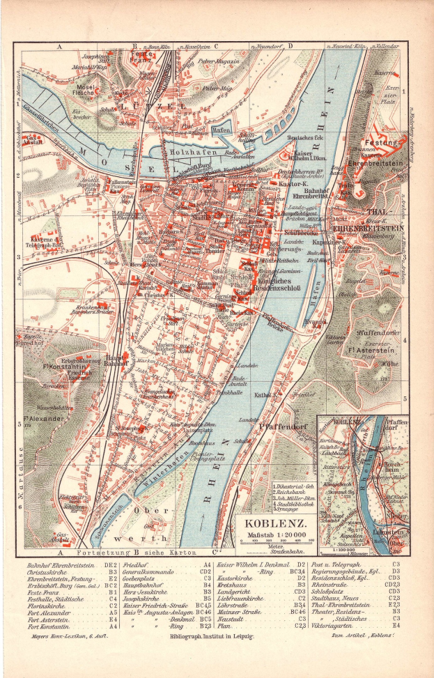 Detailierte alte Karte von Koblenz, Deutschland, zeigt Straßen, Gebäude und Sehenswürdigkeiten mit Text unten.