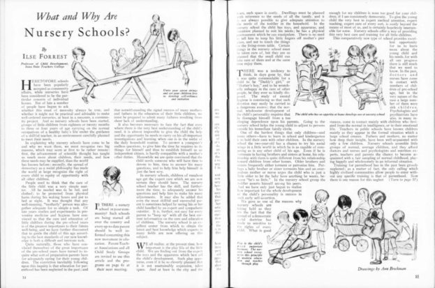 Offenes Buch mit Illustrationen von Kindern, die in einer Kindertagesstätte spielen, einschließlich eines Tisches mit verschiedenen Gegenständen, begleitet von Text.