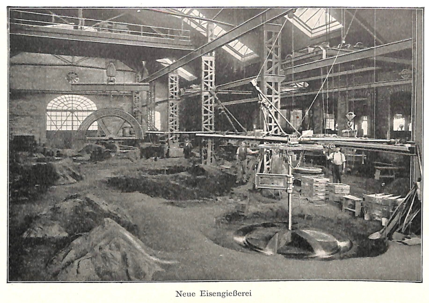 Schwarz-weiß-Fotografie eines Fabrikinnenraums mit Arbeitern, die Maschinen bedienen, umgeben von Metallstangen und -pfählen, beschriftet mit "Neue Eisenglebeerei, die erste Fabrik in Deutschland" unten.