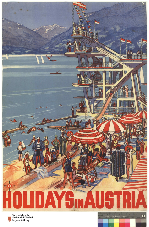 Werbung für Österreichische Ferien mit Menschen am Strand mit Schirmen, einem Schiff, Flaggen und fernen Bergen.