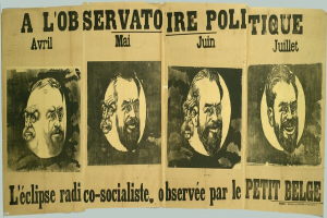 Ein Plakat mit Bildern von Menschen und Text auf Französisch, das ein politisches Ereignis mit dem Titel 'a l'observatoire politique - l'éclipse radio co-socialiste, observe par le petit belge' ankündigt.