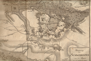 Ein detaillierter alter Stadtplan von Schweidnitz, Deutschland, der Stra├čen, Geb├Ąude, Landmarken und Text zeigt, der Informationen ├╝ber die Bev├Âlkerung, Geschichte und Kultur der Stadt liefert.