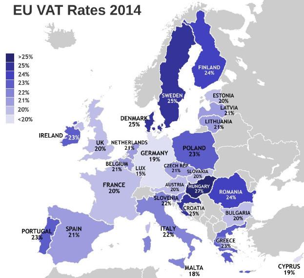 Eine Karte von Europa, die die EU-Mehrwertsteuersätze von 2014 mit Prozentangaben und Textbeschriftungen zeigt.