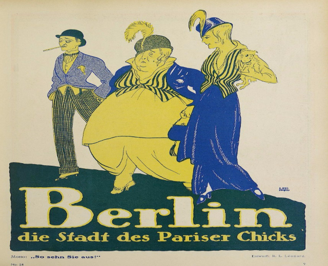 Plakat für ein Konzert in Berlin, Deutschland, das eine Gruppe von Menschen in bunter Kleidung vor einem Gebäude zeigt, mit dem Text "Berlin - Die Stadt des Pariser Chicks" oben.