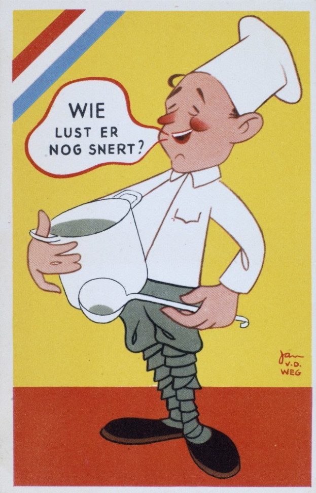 Ein Cartoon-Koch in weißer Uniform und Mütze, der fröhlich eine Schüssel und einen Löffel hält, in einer Küche mit Herd und Spüle.