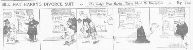 Cartoon-Illustration eines Mannes in einem schwarzen Anzug und einer Frau in einem eleganten Kleid mit ernsten Gesichtern, beschriftet mit "Scheidungskampf."