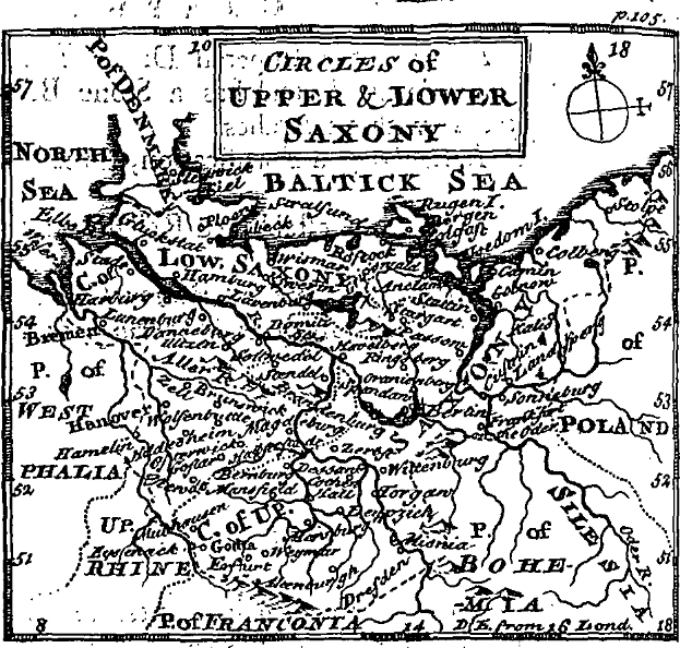 Eine detaillierte Schwarz-Weiß-Karte von Ober- und Niedersachsen, die geographische Merkmale wie Flüsse, Berge und Städte zeigt, mit informativem Text darüber.