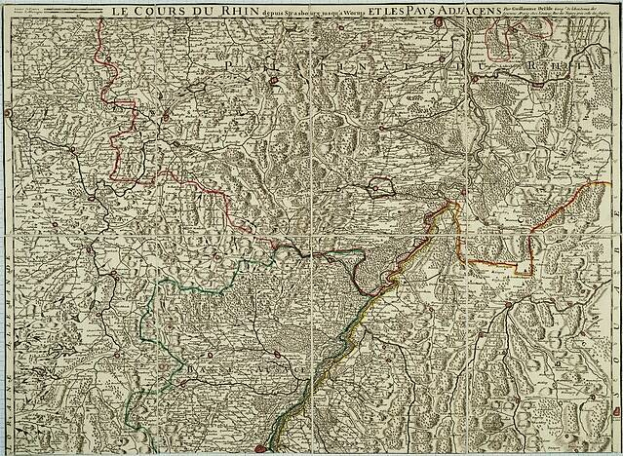 Alte Karte der rheinland-pfälzischen Region Frankreichs mit dem Rheinfluss, auf Papier gedruckt mit Text oben und unten.