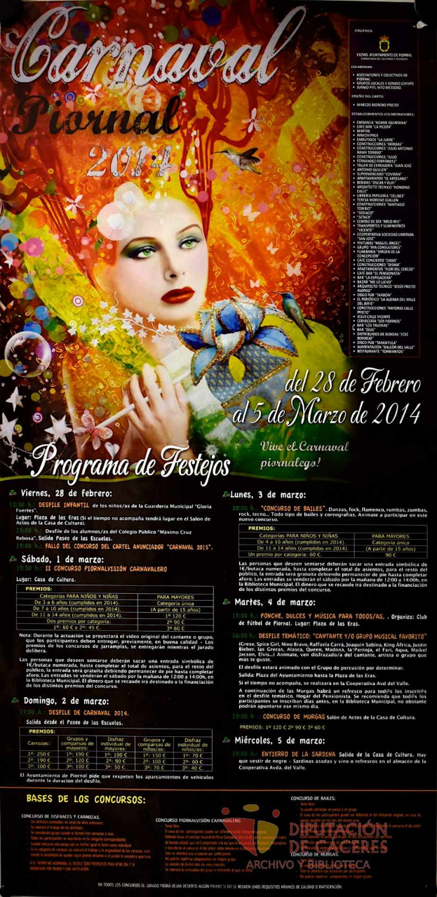 Eine Frau in einem farbenfrohen Kleid, die fröhlich lächelt, umgeben von dem Text "Carnaval Festival 2014" in fetter schwarzer Schrift auf einem leuchtend gelben Hintergrund.